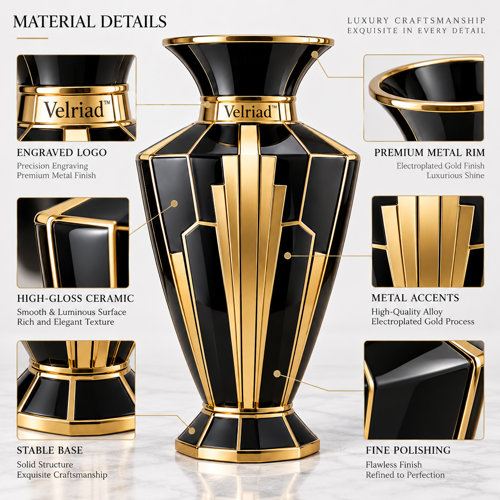 Velriad™ Art Deco Black & Gold Vase - view 4